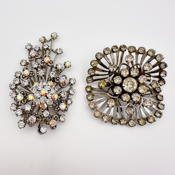 Vintage Atomic Starburst Brooch Pair Clr Rhinestone vs Aurora Borealis '50s '60s - Picture 3 of 12